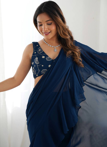 Navy Blue Georgette Sharara Saree With Sequence Work Blouse