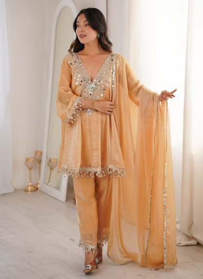 Real Mirror Work Cream Fendi Silk Salwar Kameez For Women