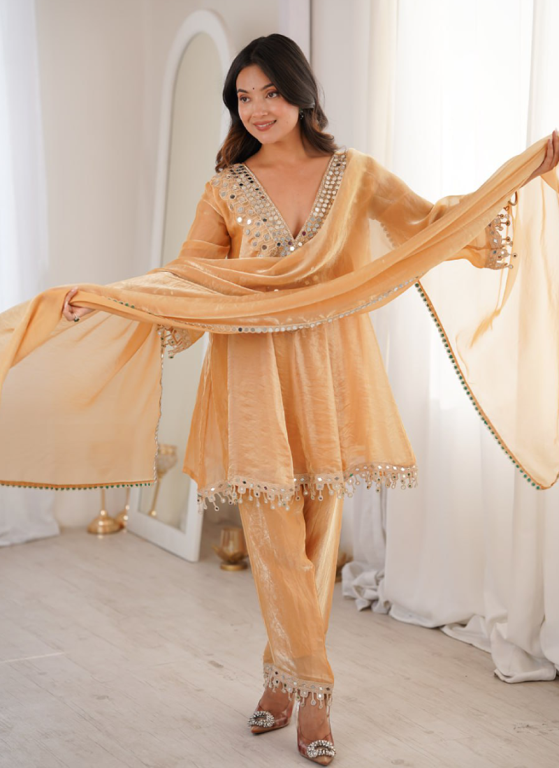 Real Mirror Work Cream Fendi Silk Salwar Kameez For Women