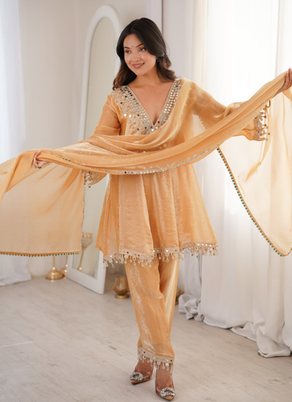 Real Mirror Work Cream Fendi Silk Salwar Kameez For Women