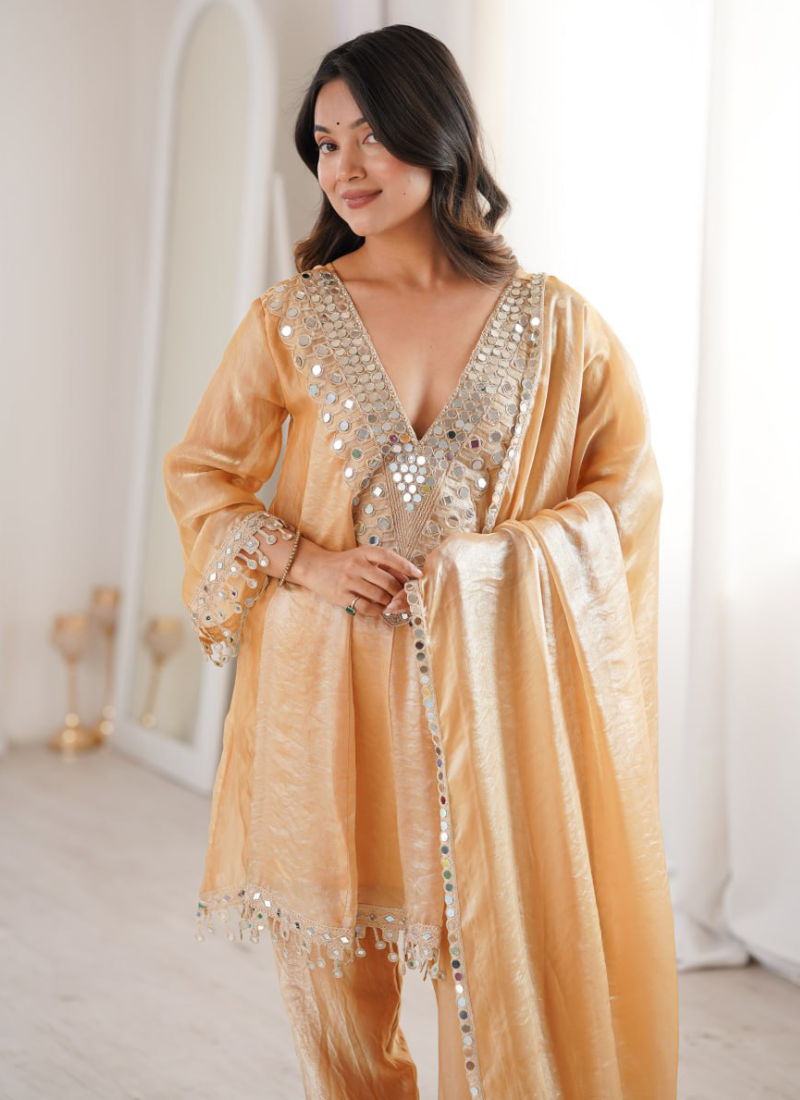 Real Mirror Work Cream Fendi Silk Salwar Kameez For Women