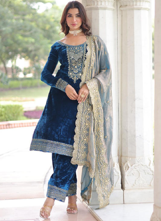 Sequence Embroidered Velvet Blue Pant Kurti With Dupatta Set