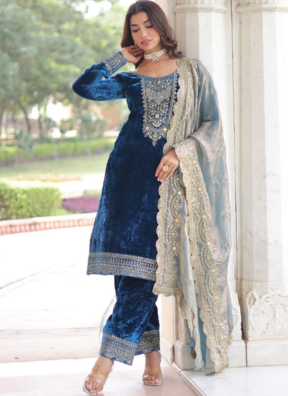 Sequence Embroidered Velvet Blue Pant Kurti With Dupatta Set