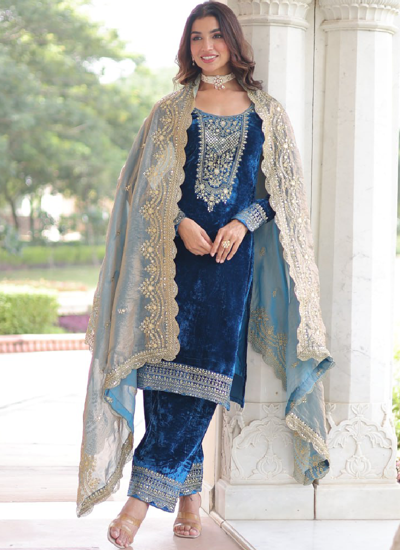 Sequence Embroidered Velvet Blue Pant Kurti With Dupatta Set