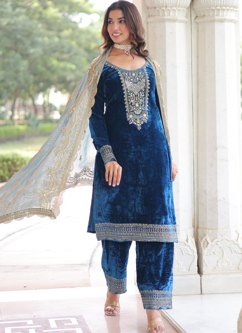 Sequence Embroidered Velvet Blue Pant Kurti With Dupatta Set