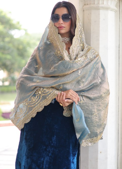 Sequence Embroidered Velvet Blue Pant Kurti With Dupatta Set