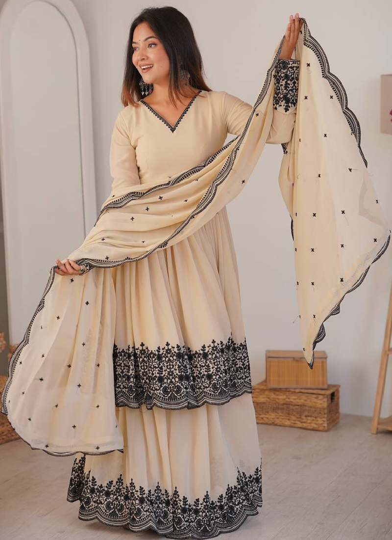 Thread Embroidered Georgette Beige Sharara Suit For Wedding