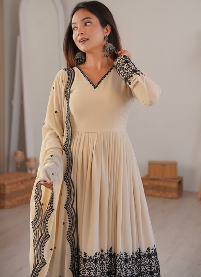 Thread Embroidered Georgette Beige Sharara Suit For Wedding