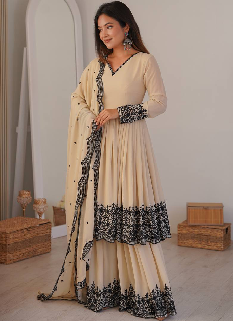 Thread Embroidered Georgette Beige Sharara Suit For Wedding