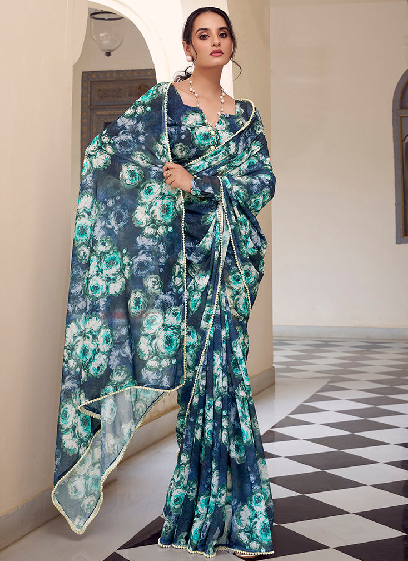 Georgette Floral Printed Navy Blue Saree With Blouse