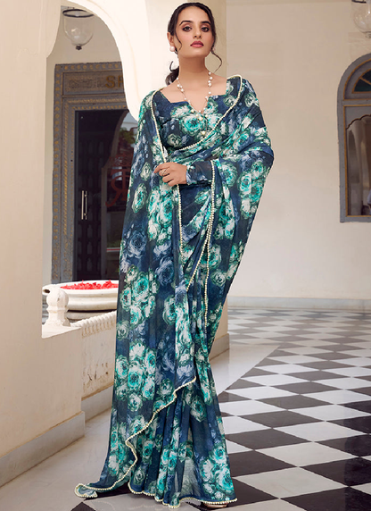 Georgette Floral Printed Navy Blue Saree With Blouse