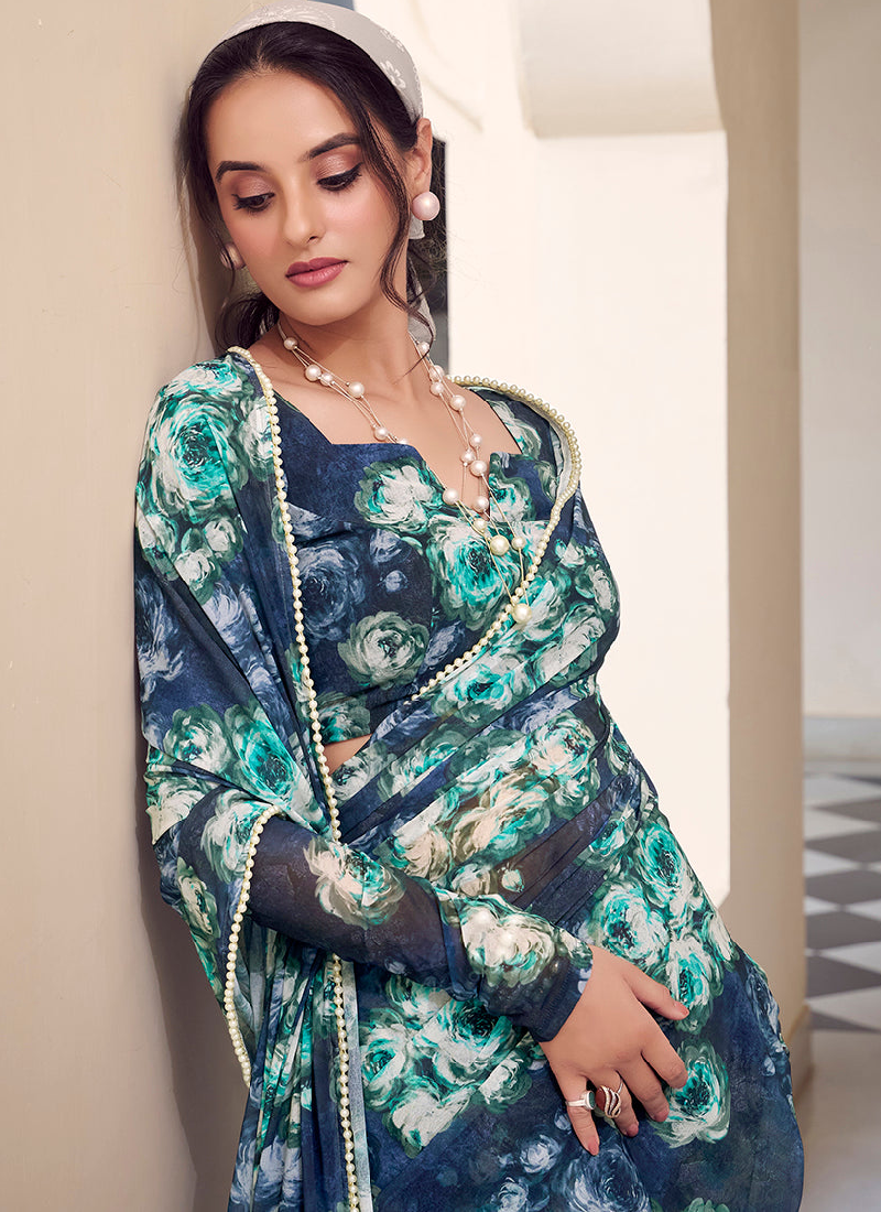 Georgette Floral Printed Navy Blue Saree With Blouse