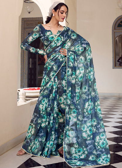 Georgette Floral Printed Navy Blue Saree With Blouse