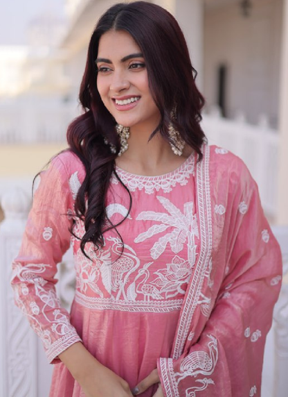 Light Pink Zari Embroidered Fendi Silk Gown With Dupatta Set