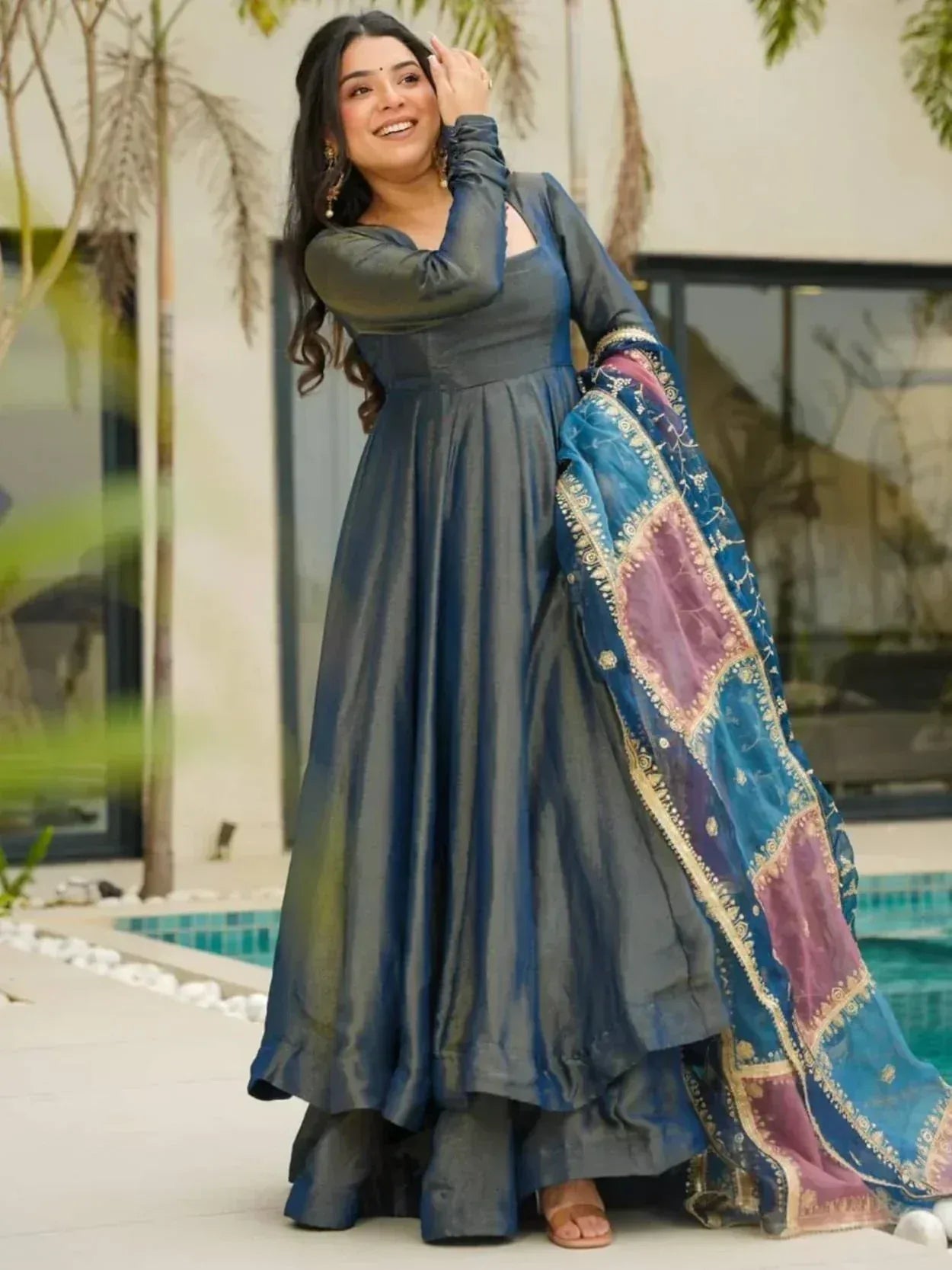 Teal Blue Silk Festive Wear Palazzo Suit With Sequins Dupatta