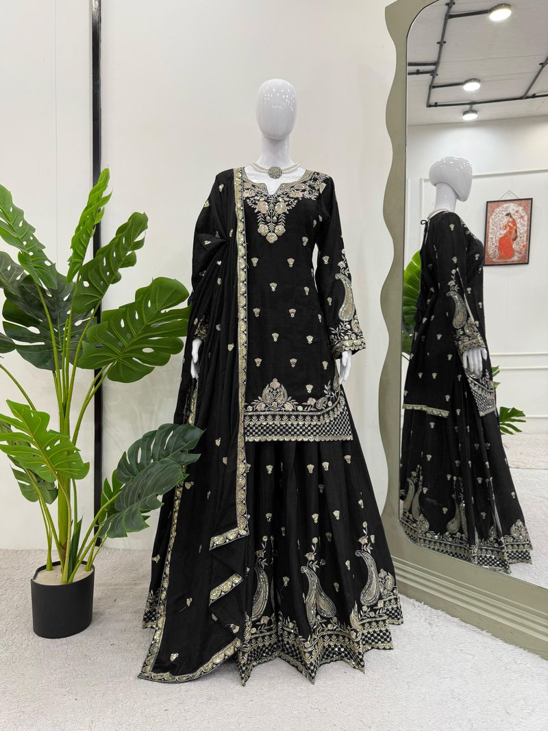 Black chinon silk thread with Sequence top & palazzo and dupatta