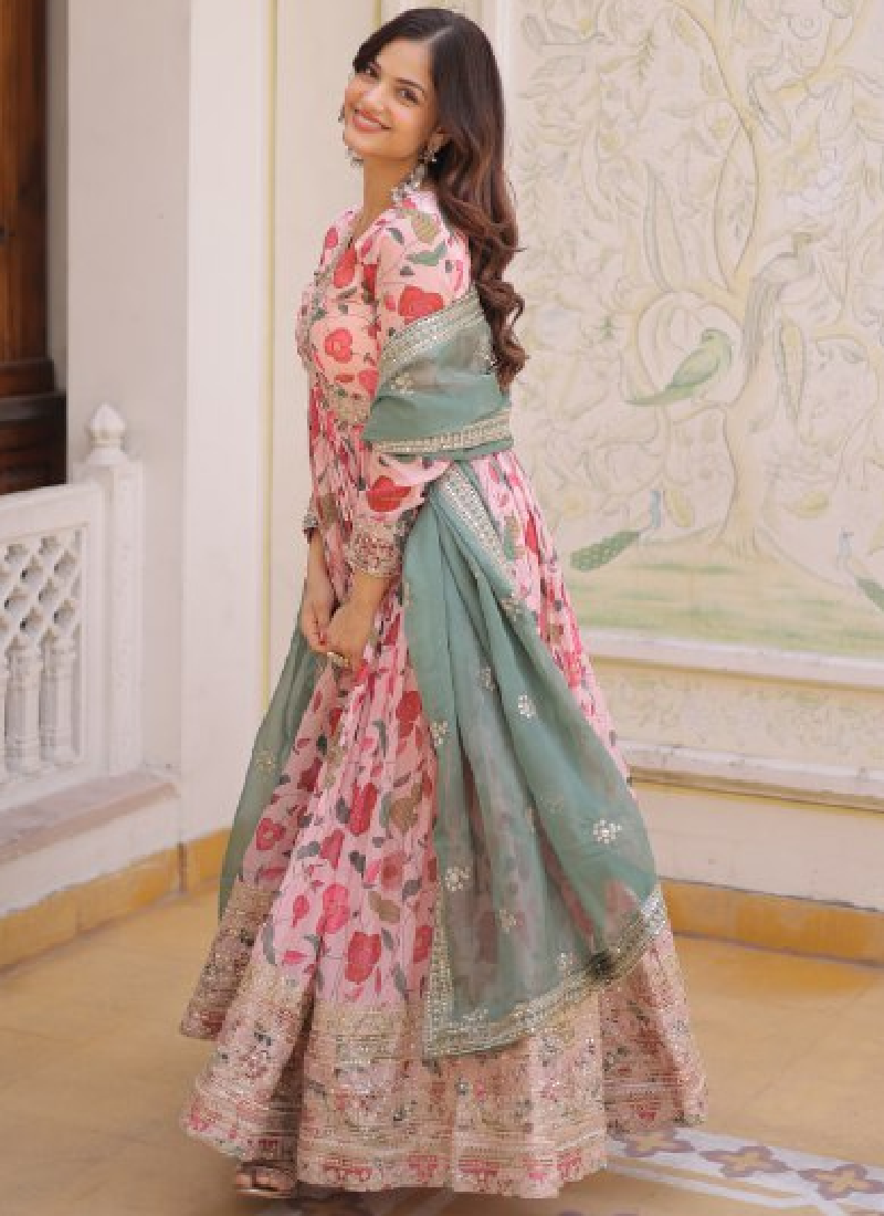 Floral Printed Russian Silk Embroidered Pink Gown With Dupatta