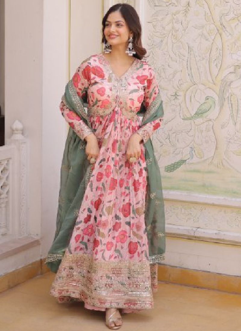 Floral Printed Russian Silk Embroidered Pink Gown With Dupatta