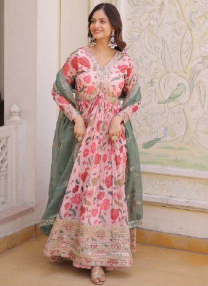 Floral Printed Russian Silk Embroidered Pink Gown With Dupatta
