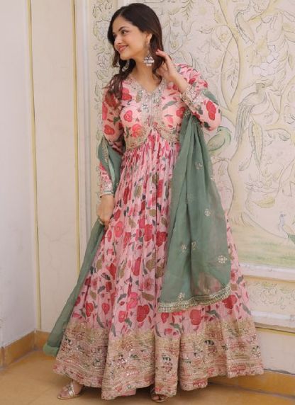 Floral Printed Russian Silk Embroidered Pink Gown With Dupatta