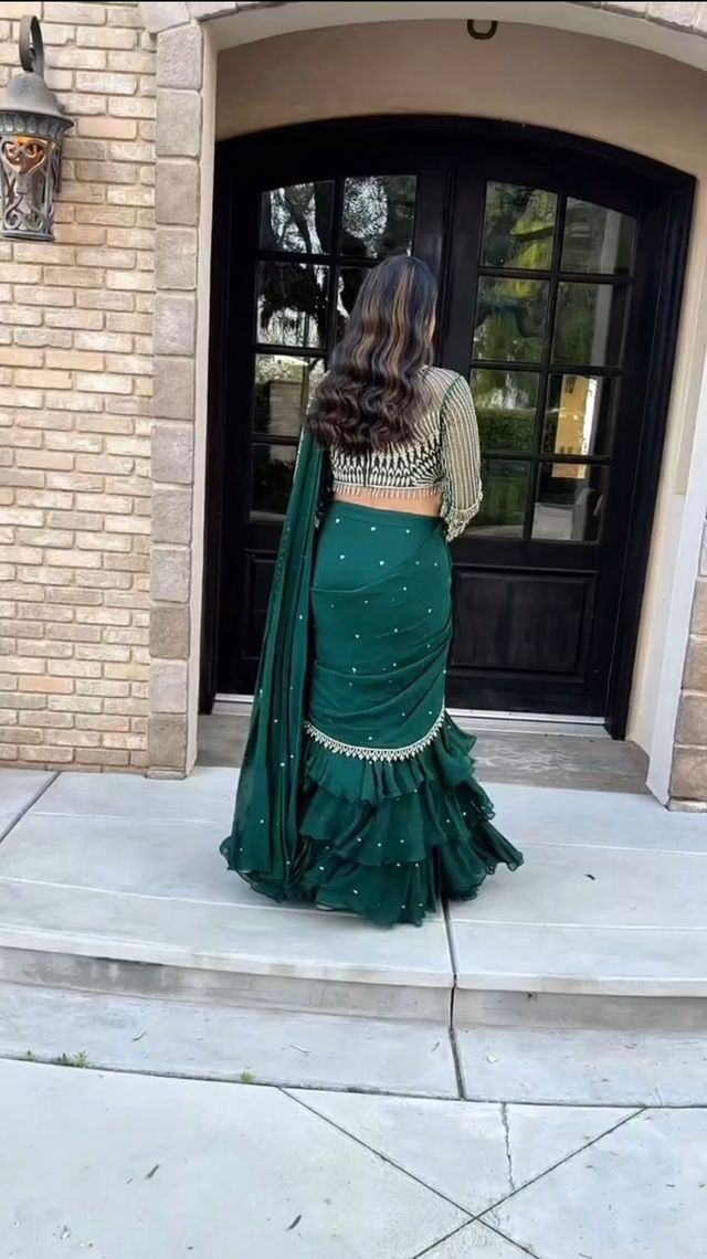 Dark green foux georgette thread with sequence with border raday to wear lehenga saree