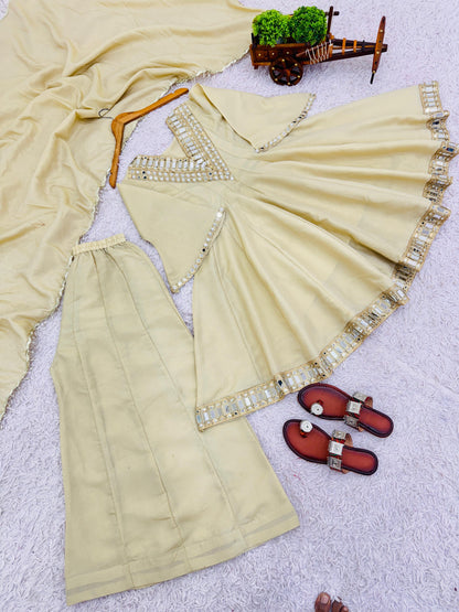 Exclusive Three Piece Palazzo Set Real Mirror Embroidery Work Ethnic Wear