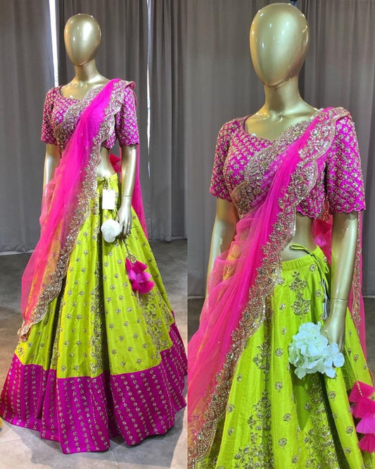 Bollywood Style Green Velvet Embroidery Work Semi-Stitched Lehenga Choli