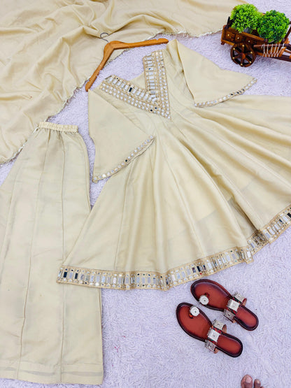 Exclusive Three Piece Palazzo Set Real Mirror Embroidery Work Ethnic Wear