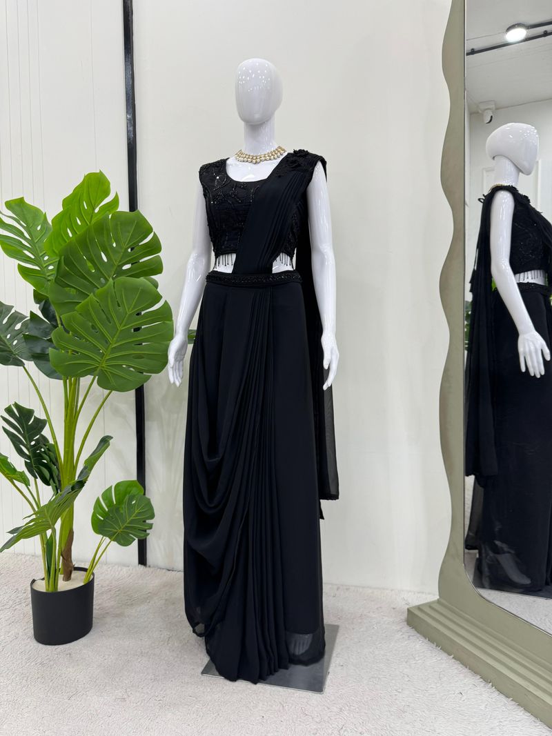 Black foux georgette sequence with Val with thread fancy lace ready to wear dhoti style