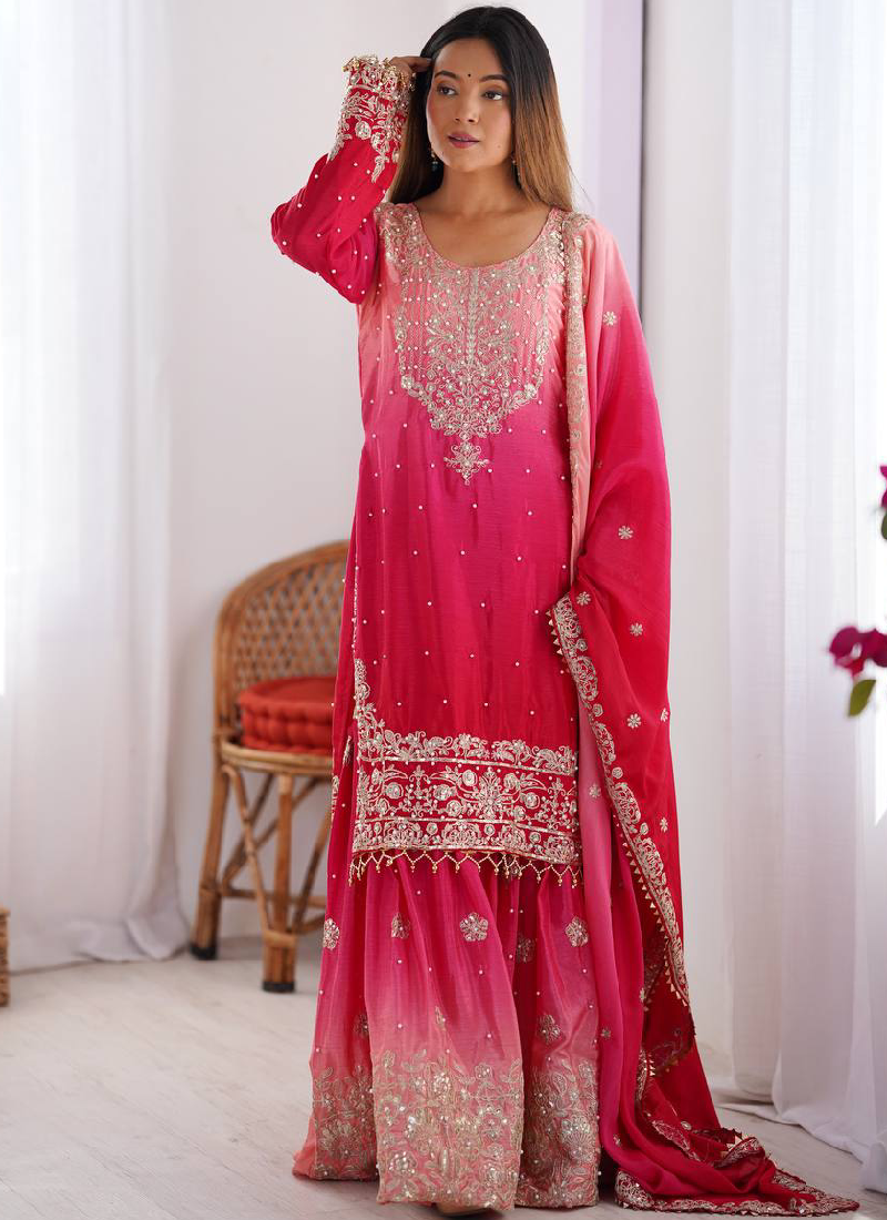 Sequence Embroidered Pink Silk Salwar Kameez With Dupatta