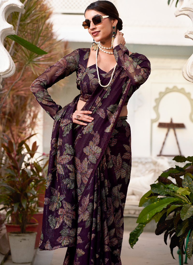 Wine Viscose Brasso Floral Printed Saree With Blouse Set