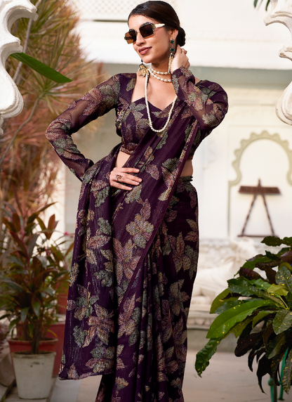 Wine Viscose Brasso Floral Printed Saree With Blouse Set
