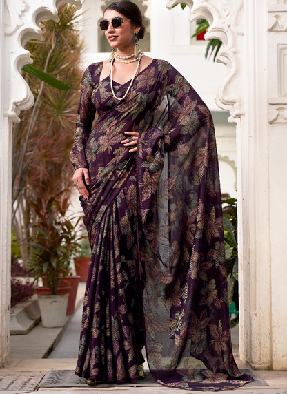 Wine Viscose Brasso Floral Printed Saree With Blouse Set