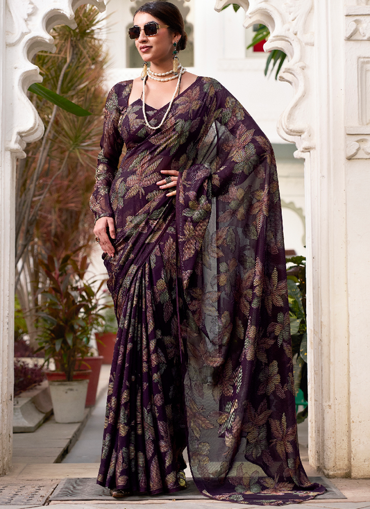 Wine Viscose Brasso Floral Printed Saree With Blouse Set