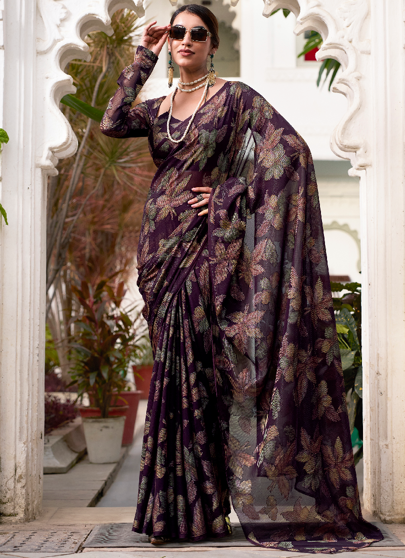 Wine Viscose Brasso Floral Printed Saree With Blouse Set