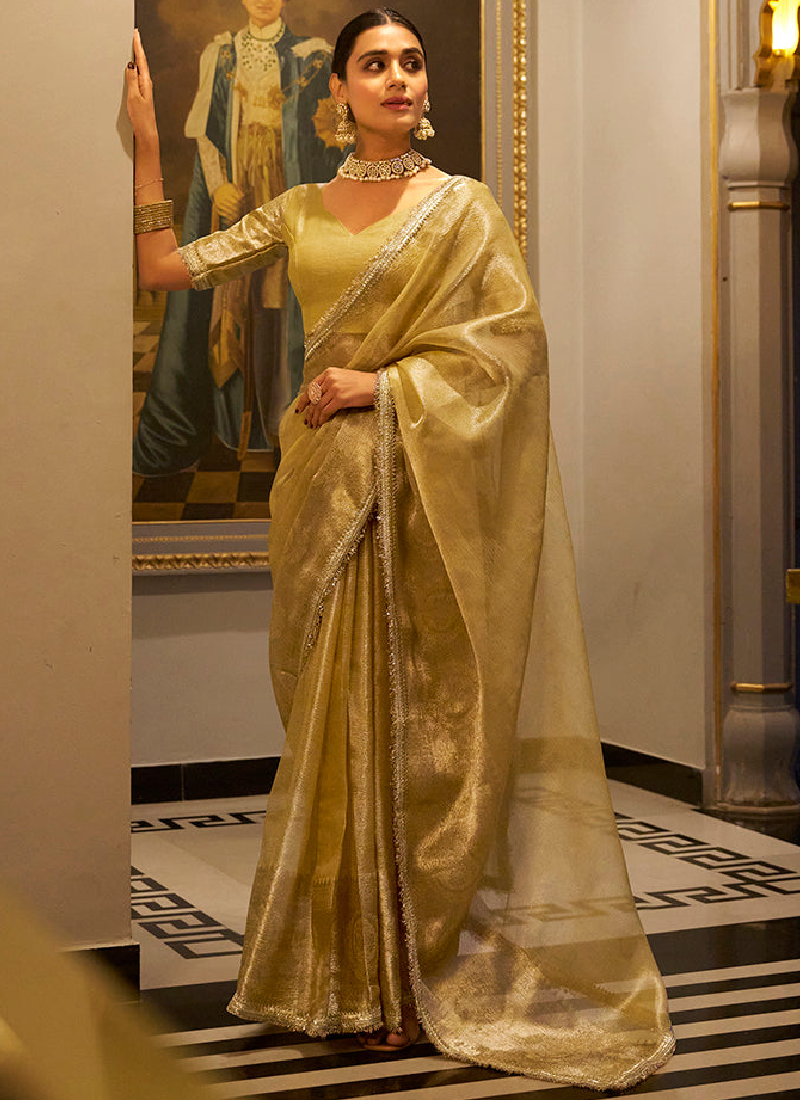 Zari Weaving Tissue Silk Golden Casual Saree With Blouse