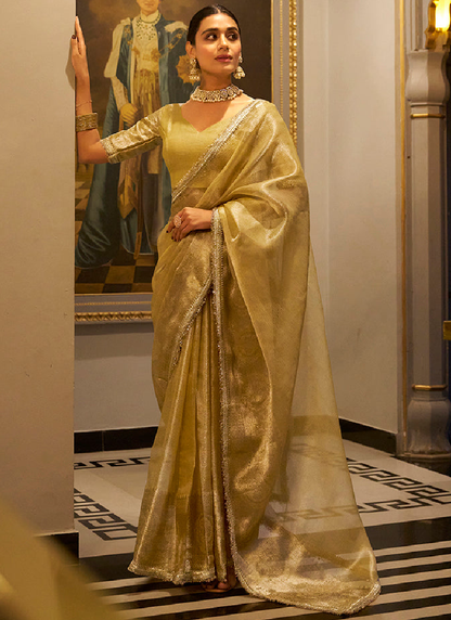 Zari Weaving Tissue Silk Golden Casual Saree With Blouse