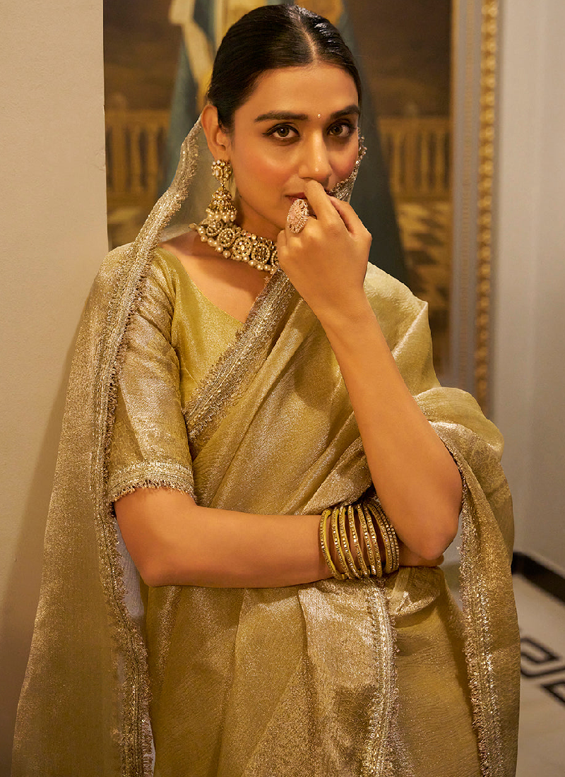 Zari Weaving Tissue Silk Golden Casual Saree With Blouse