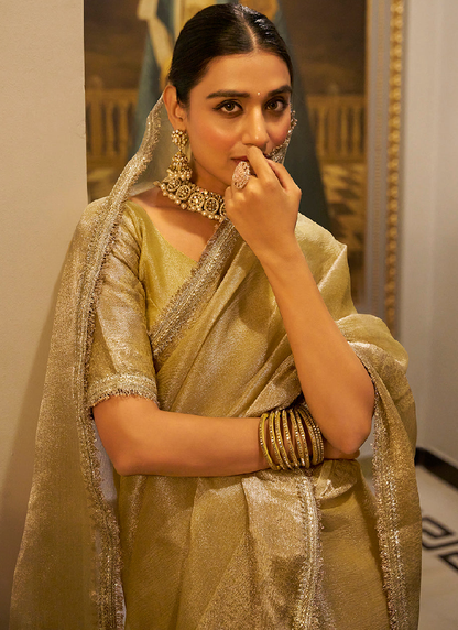 Zari Weaving Tissue Silk Golden Casual Saree With Blouse