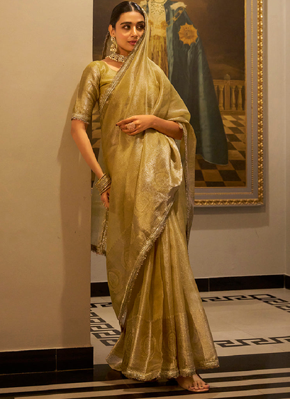 Zari Weaving Tissue Silk Golden Casual Saree With Blouse