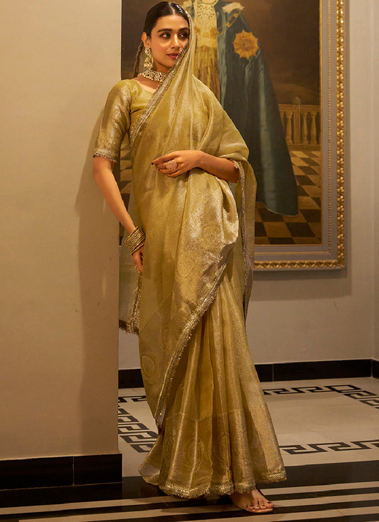 Zari Weaving Tissue Silk Golden Casual Saree With Blouse