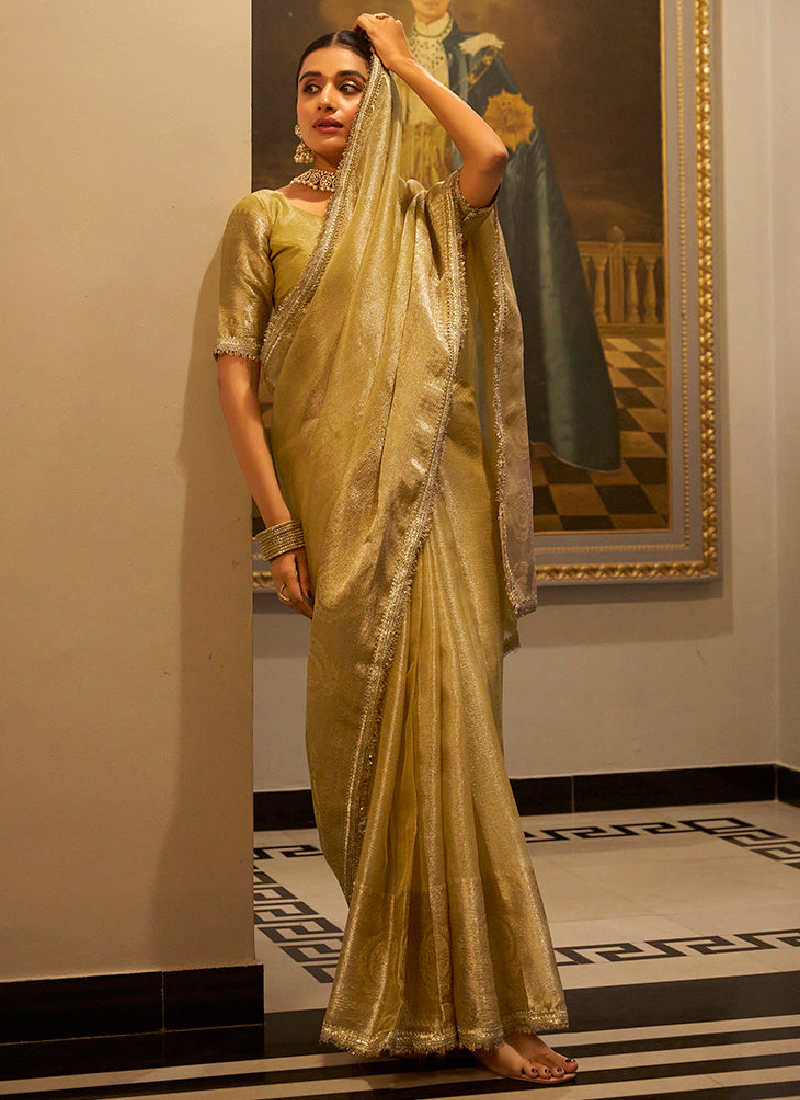 Zari Weaving Tissue Silk Golden Casual Saree With Blouse