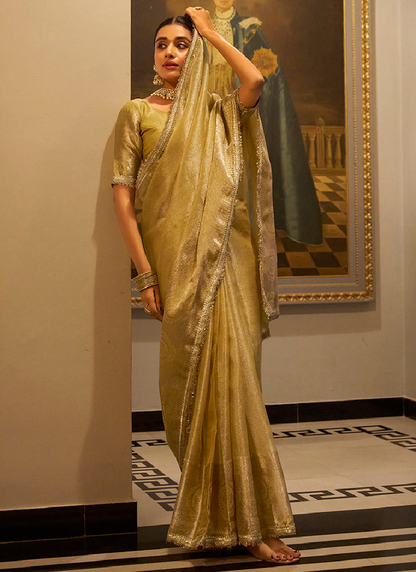Zari Weaving Tissue Silk Golden Casual Saree With Blouse