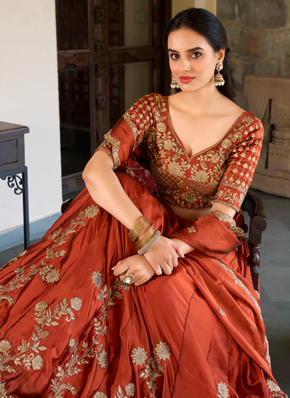 Orange Thread Embroidered Silk Lehenga Choli For Wedding