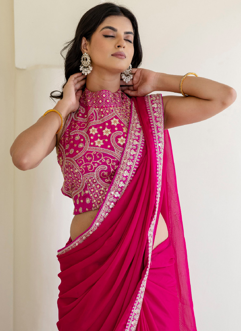 Sequins Embroidered Rangoli Silk Party Wear Rani Pink Saree