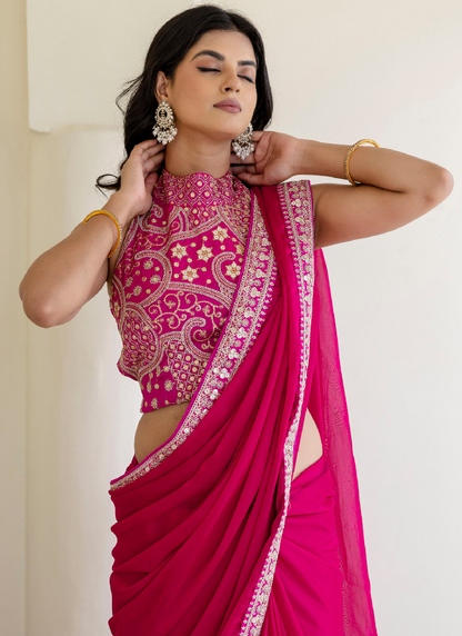 Sequins Embroidered Rangoli Silk Party Wear Rani Pink Saree