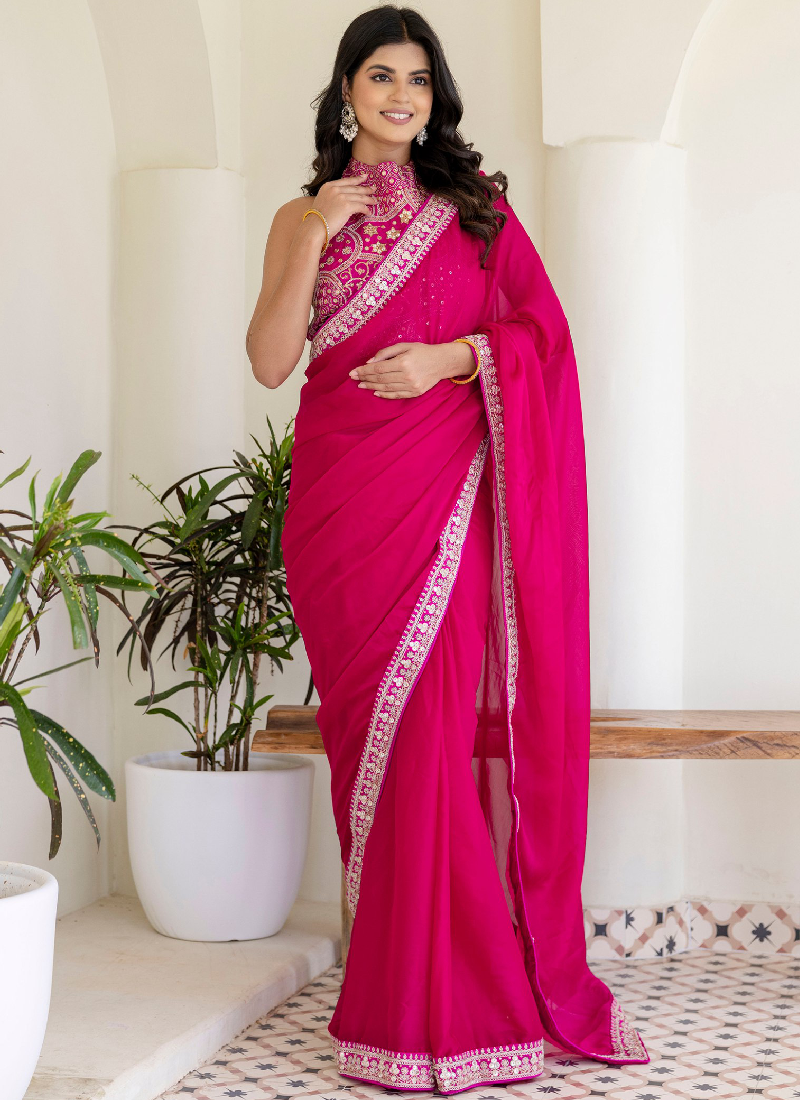 Sequins Embroidered Rangoli Silk Party Wear Rani Pink Saree