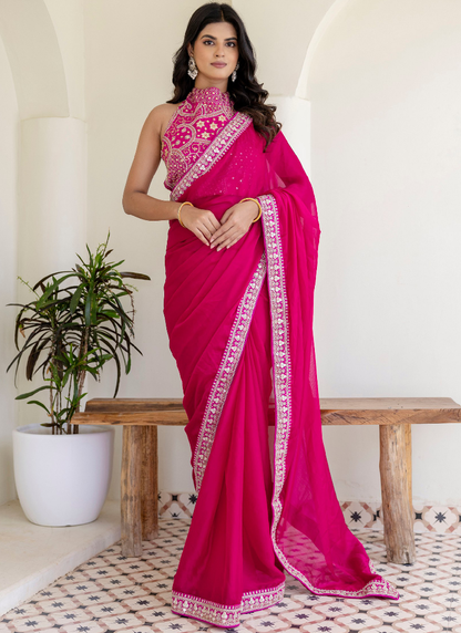 Sequins Embroidered Rangoli Silk Party Wear Rani Pink Saree