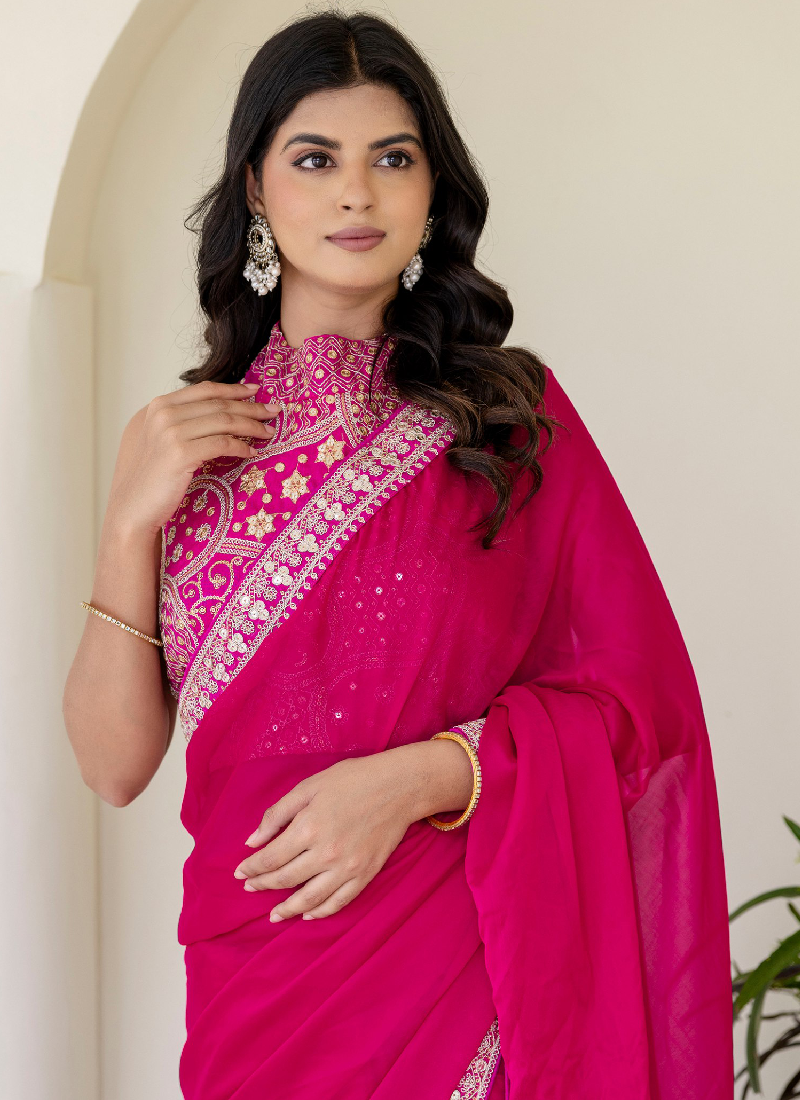 Sequins Embroidered Rangoli Silk Party Wear Rani Pink Saree