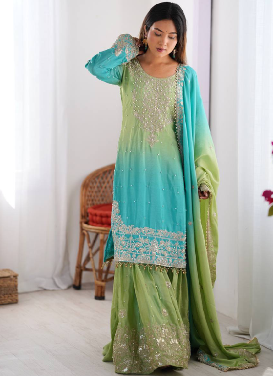 Chinon Silk Dori Work Sky Blue Top Bottom With Dupatta